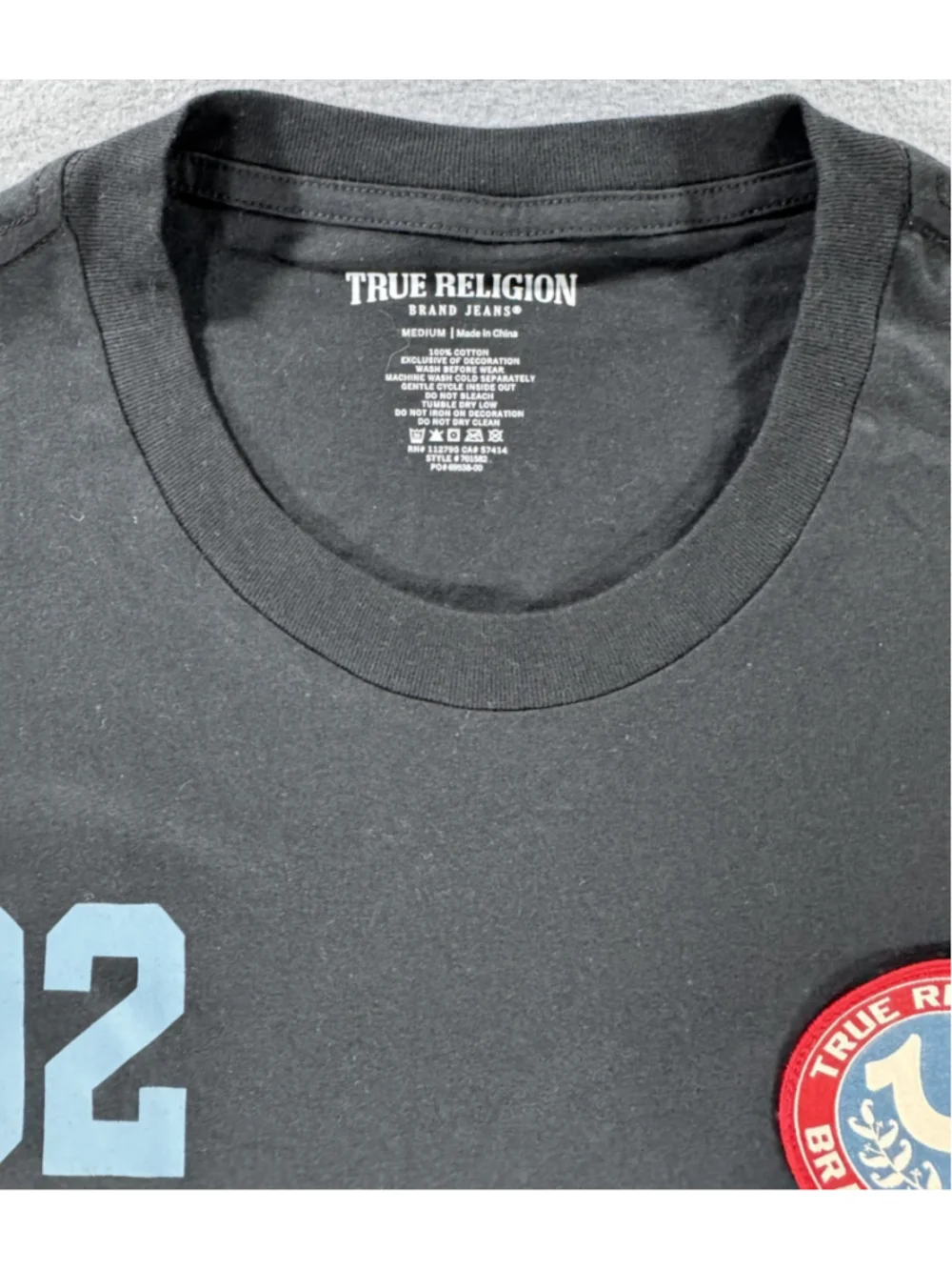 True Religion Men's Black Crew Neck T-Shirt Size M Horseshoe Patch Graphic Tee N